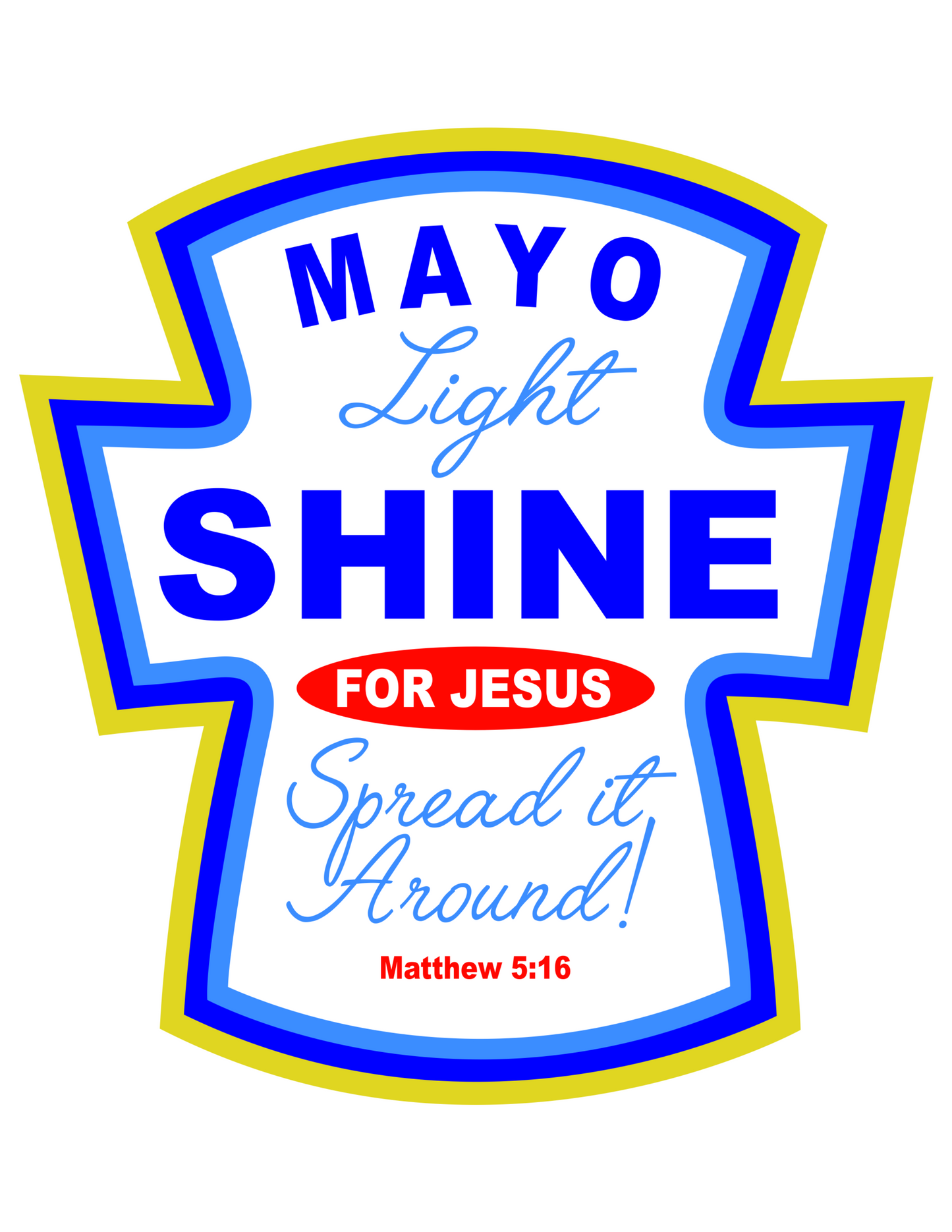Gold, Dark Blue, and Light Blue boarder cross with Blue and Red text.