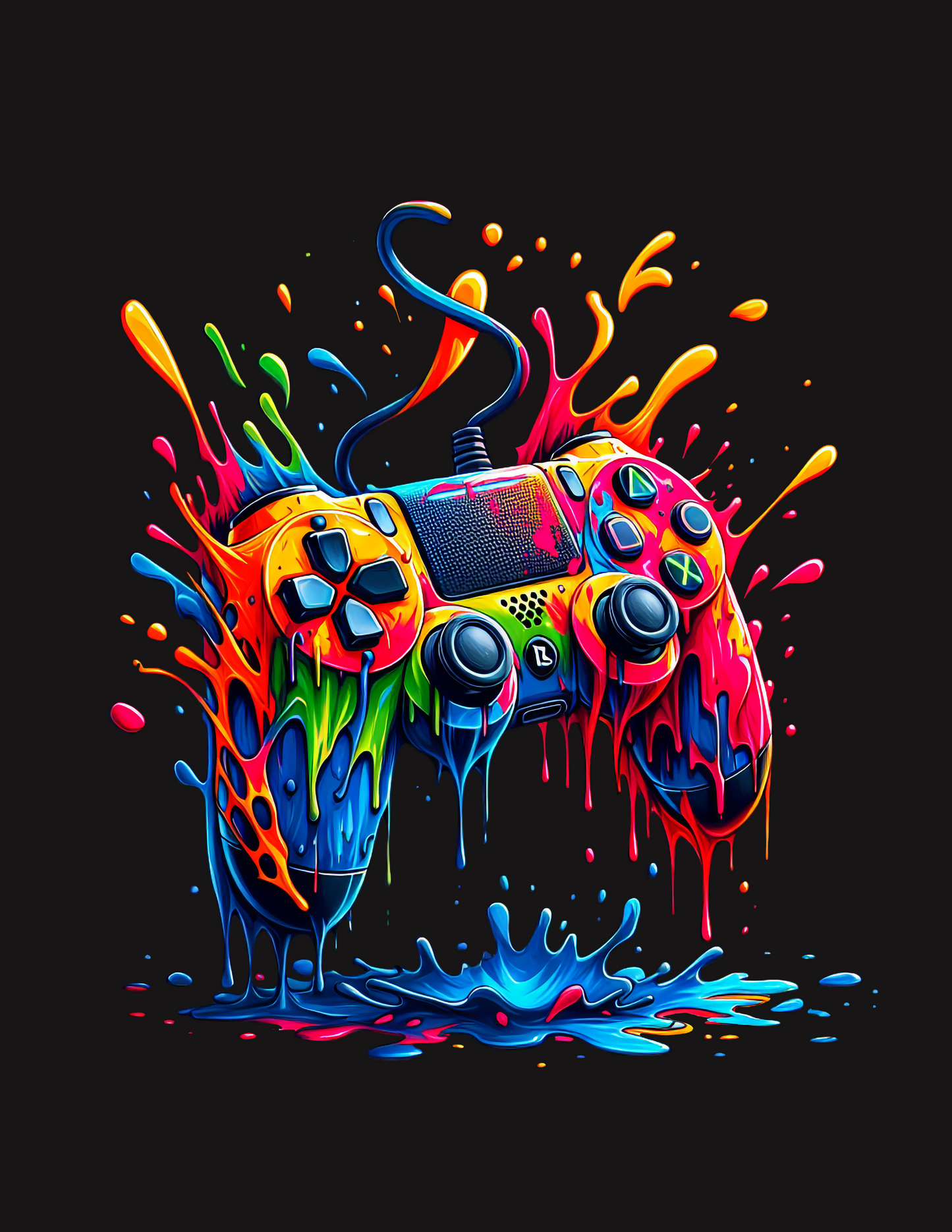 Game controller painted with red, orange, yellow, black, green and blue.