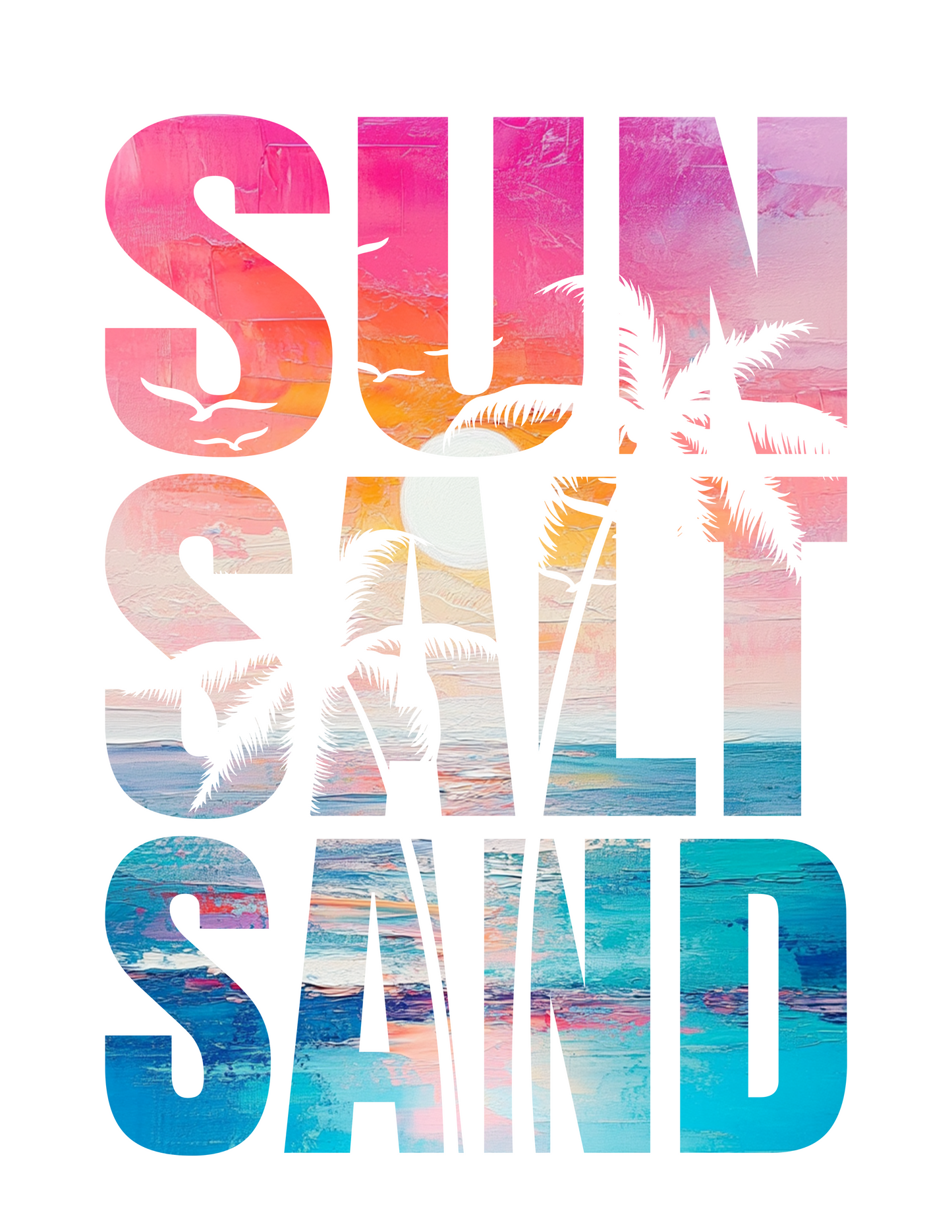 Words with sunset as their background. Colors pink, orange, and blue.