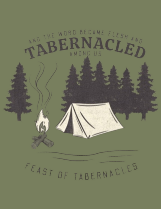 Black text on a black and white image that includes a camping tent, fire, and forest trees. 