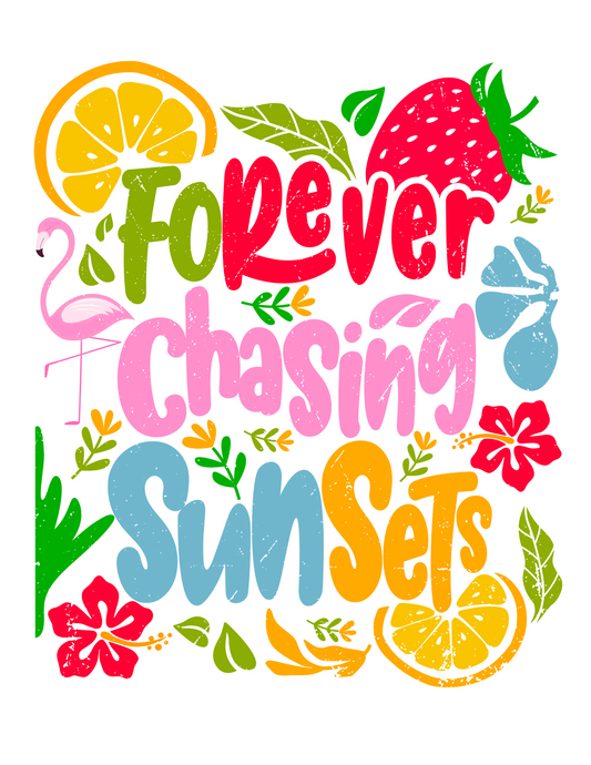 Multcolored text using Green, Red, Pink, Blue and Orange surrounded by fruit, flowers, leaves and a pink flamingo. 