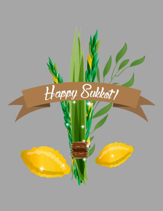 White text: Happy Sukkot over brown ribbon and in front of a bundle of green corn and yellow fruit. 