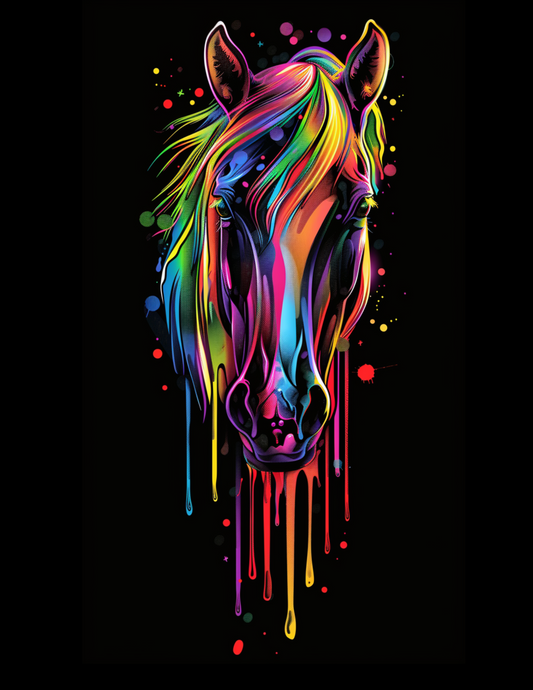 Horse painted in colors blue, red, pink, purple, yellow, and green.