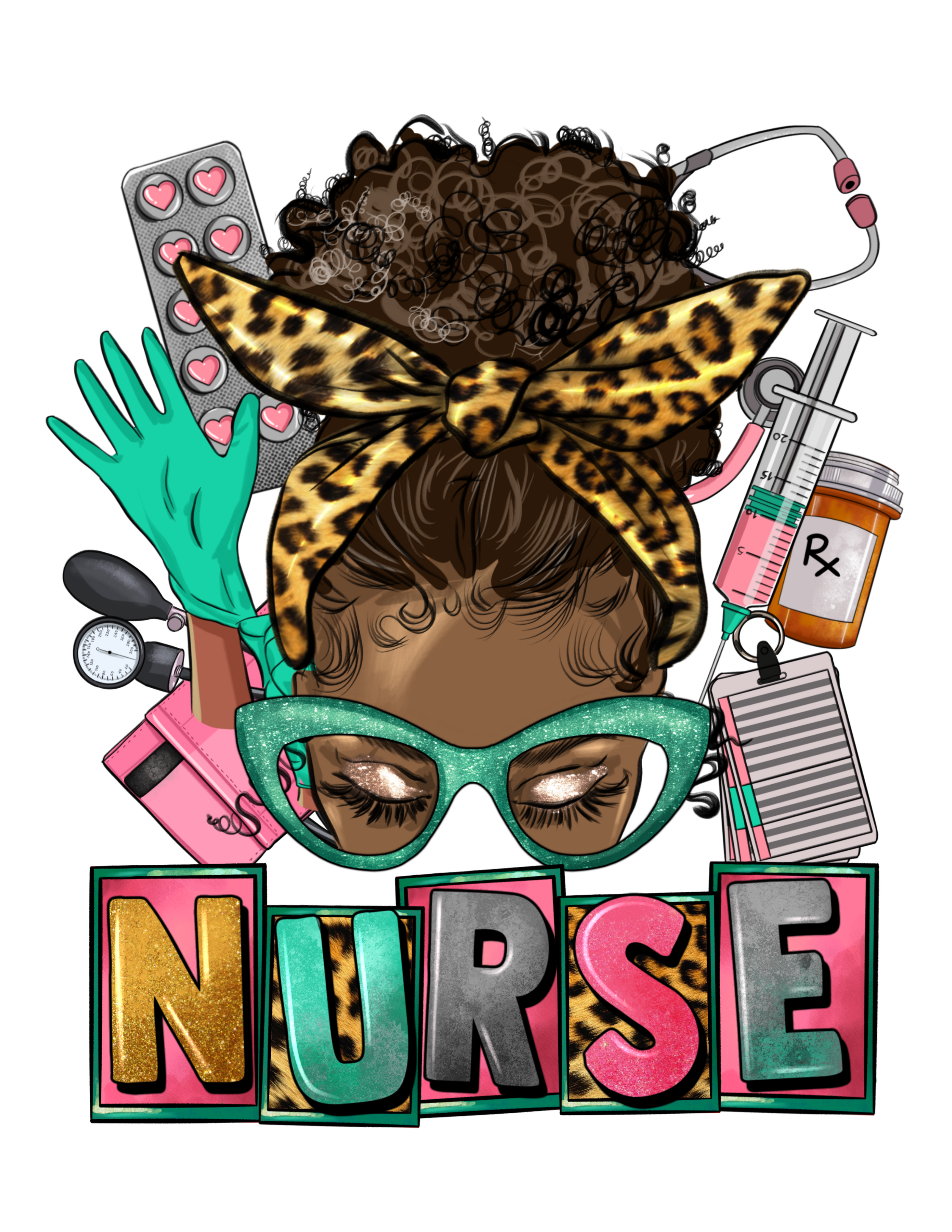 Gold, teal, grey and pink letters