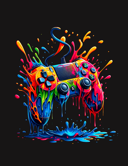 Game controller painted with red, orange, yellow, black, green and blue. 