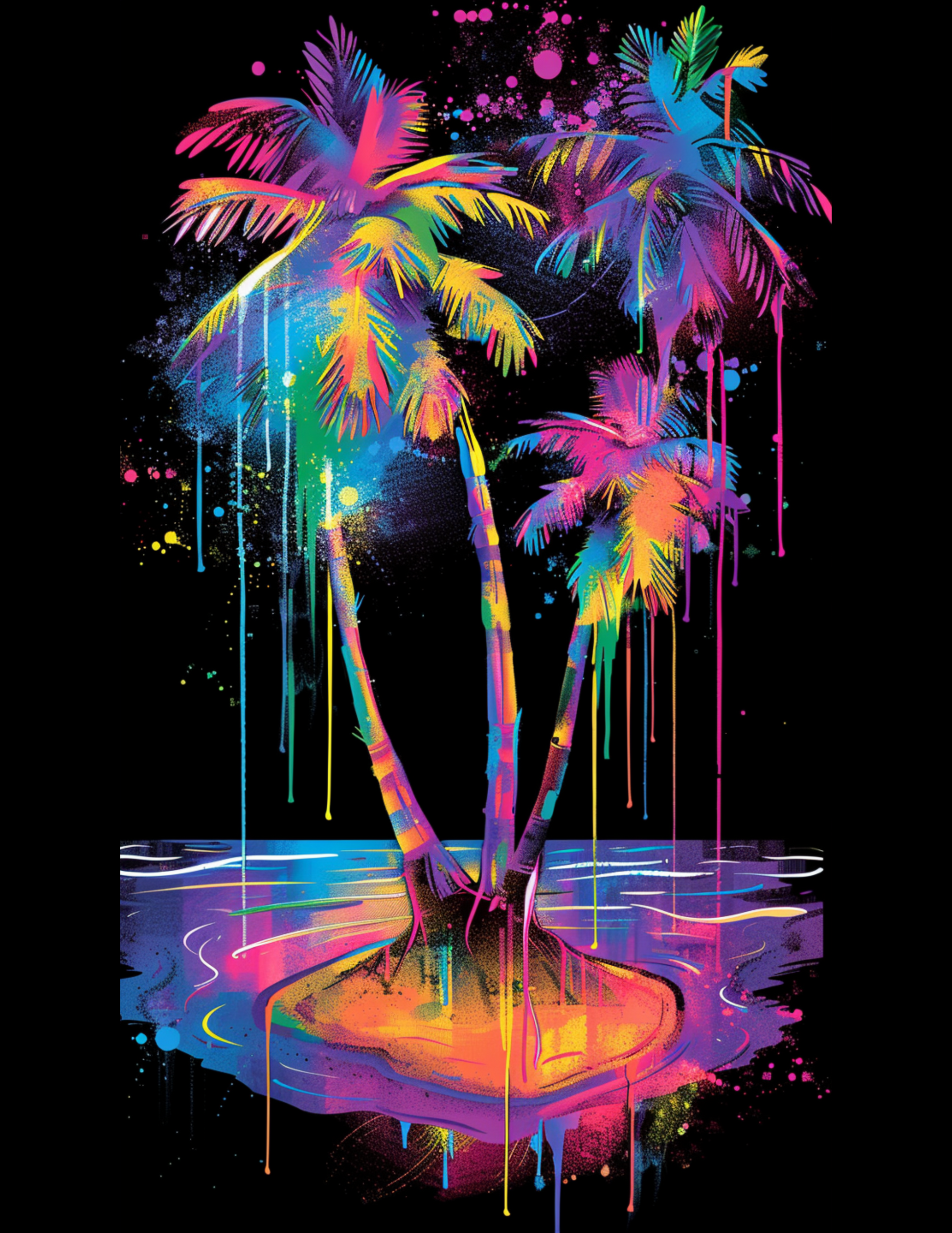 Palm trees on small island with colors blue, purple, brown, pink, yellow, white and green. 