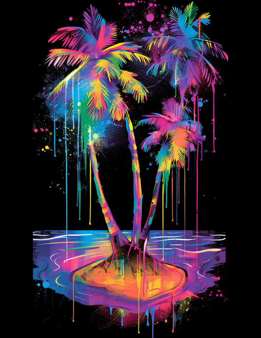 Palm trees on small island with colors blue, purple, brown, pink, yellow, white and green. 
