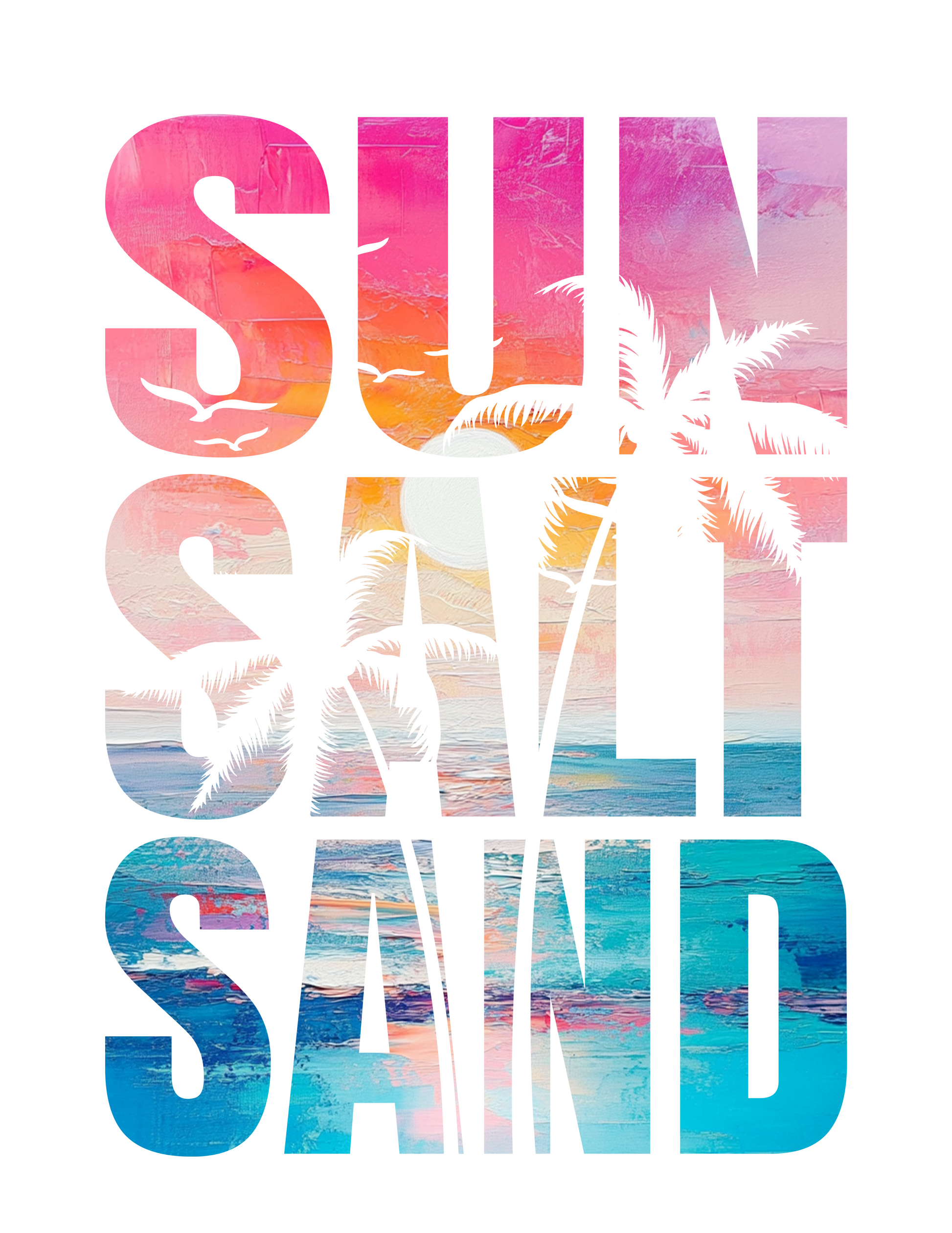 Words with sunset as their background. Colors pink, orange, and blue. 
