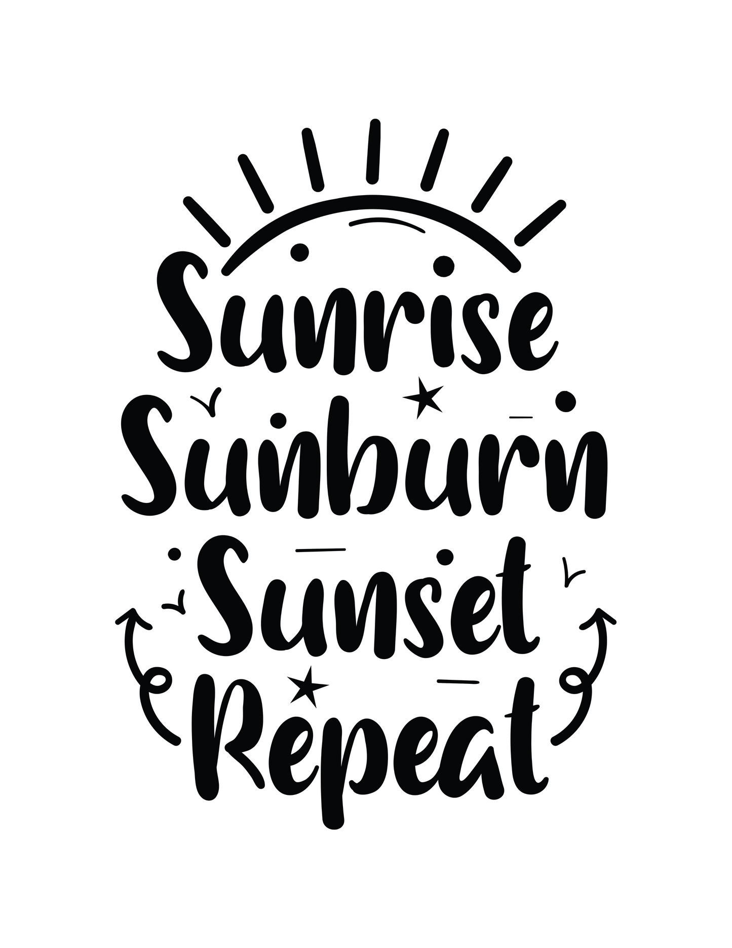 Black Text Phrase: Sunrise sunburn sunset repeat