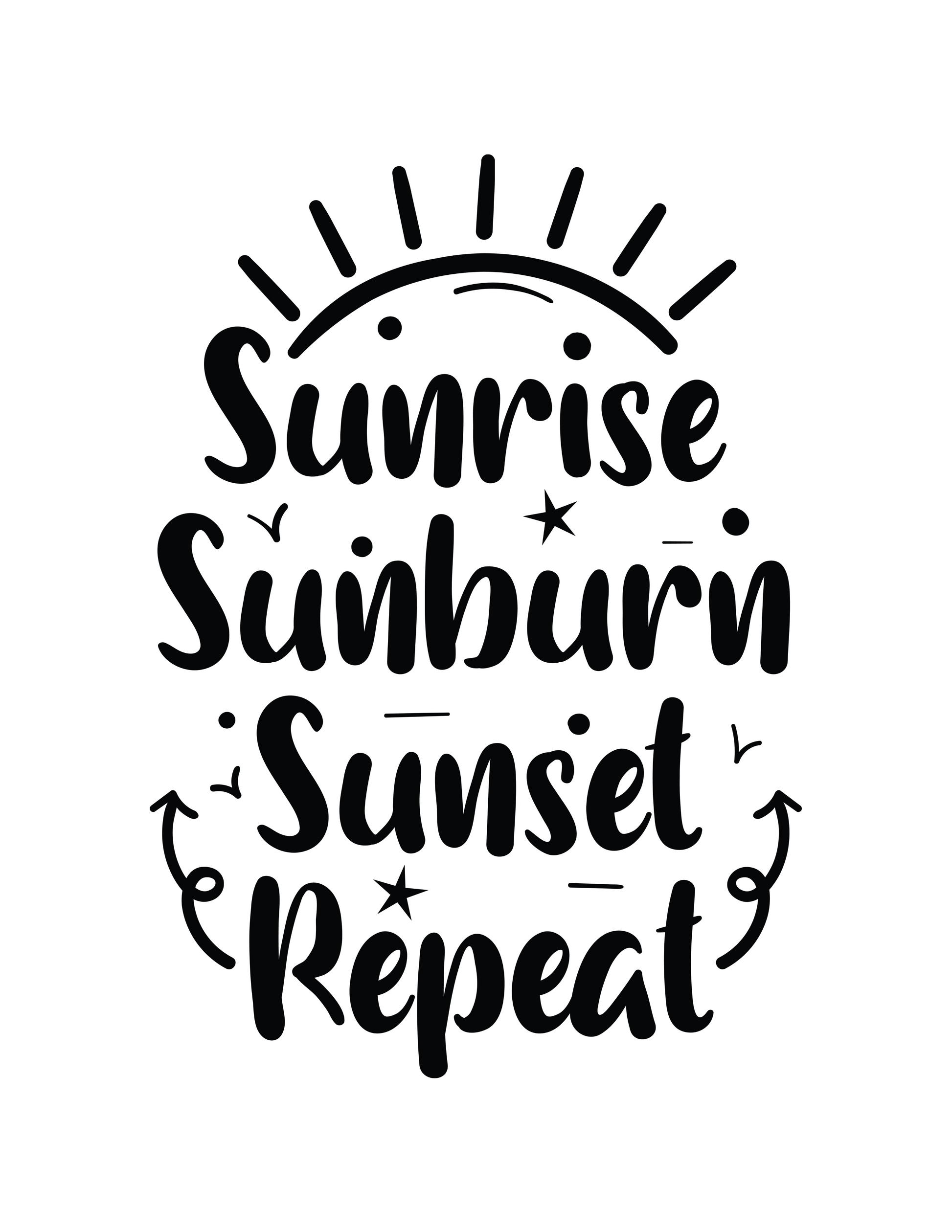 Black Text Phrase: Sunrise sunburn sunset repeat