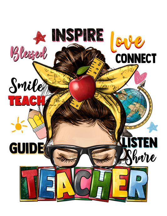 Teacher, Inspire, Love, Connect, Blessed, Smile, Teach, Guide, Listen, Share, light skinned female with dark hair tied up in a messy bun with a red apple and yellow ruler on the yellow headwrap. 