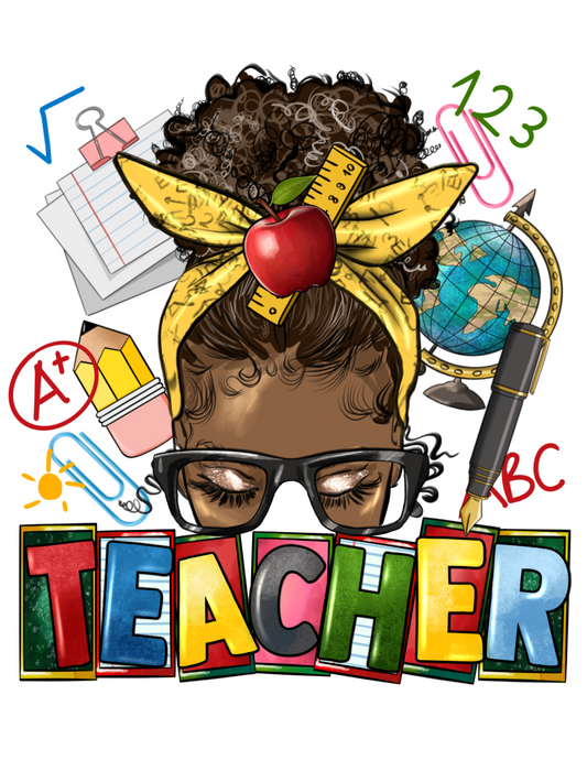 Teacher, Inspire, Love, Connect, Blessed, Smile, Teach, Guide, Listen, Share, dark skinned female with dark hair tied up in a messy bun with a red apple and yellow ruler on the yellow headwrap. 
