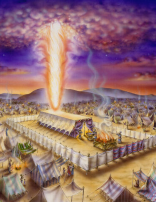 Red fire coming down from a dark sky onto the tabernacle tent. 