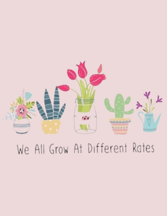 Black Text with images of flowers and plants in pots, jars, and watering can. 