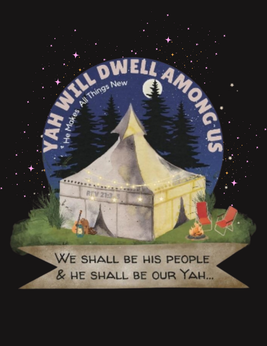 White camping tent, black letters over light ribbon, white text over a blue night sky. 